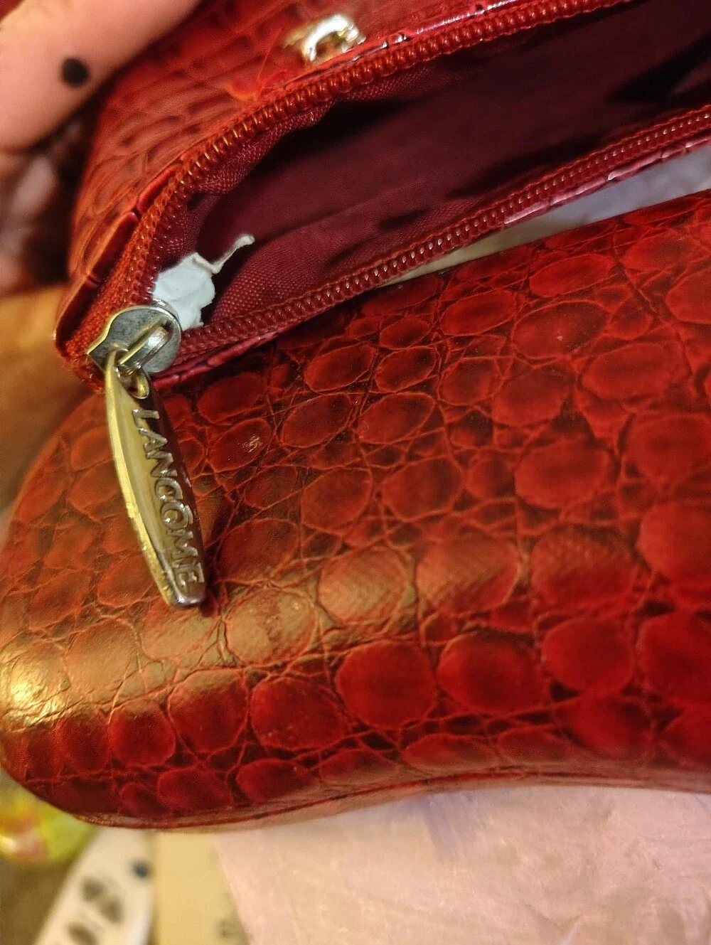 LANCOME BAGS Red Gator Textured Cosmetic Makeup Bag & Coordinating Eyeglass Case